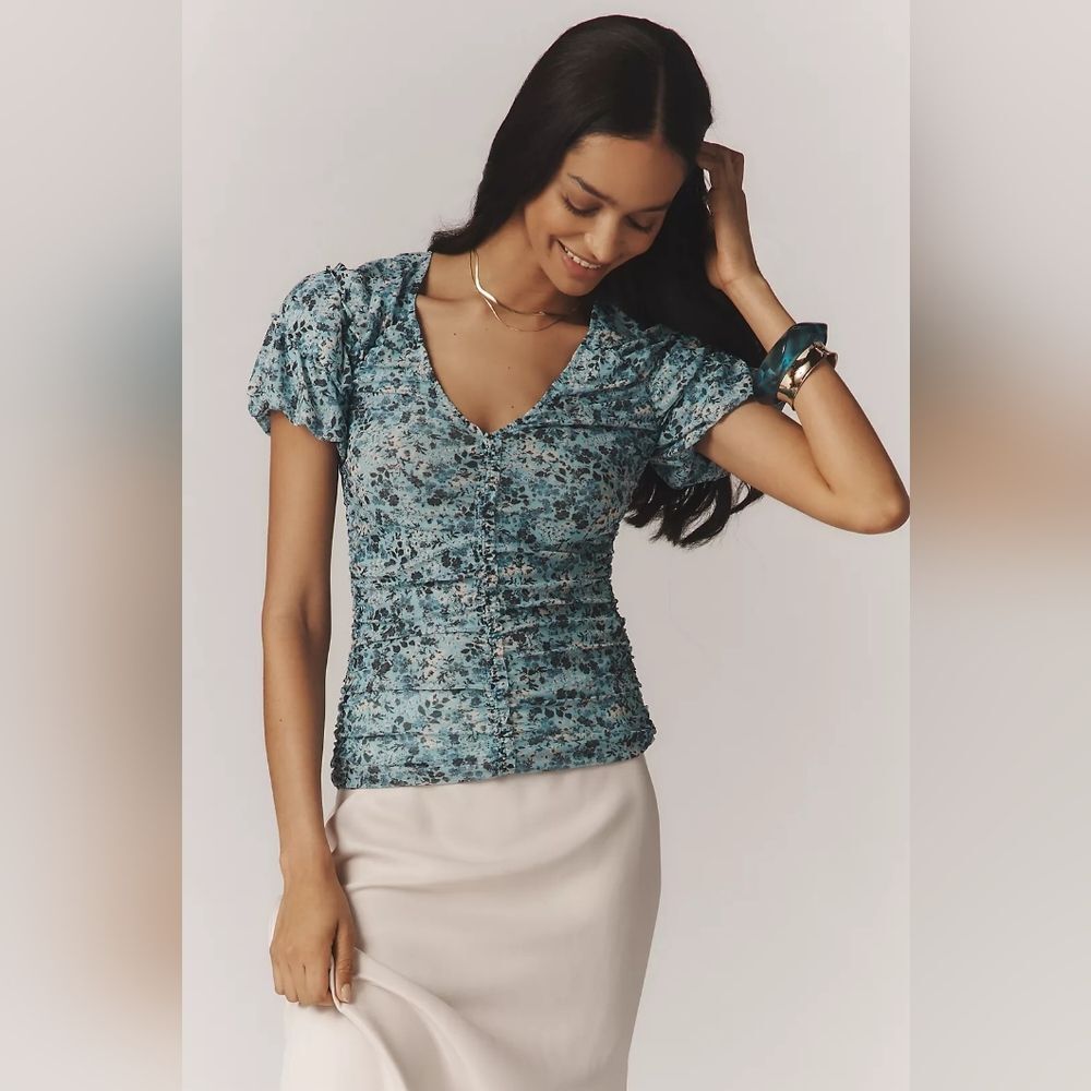 Anthropologie Short Sleeve Shirred Mesh Top Blue Floral Size XL NWT